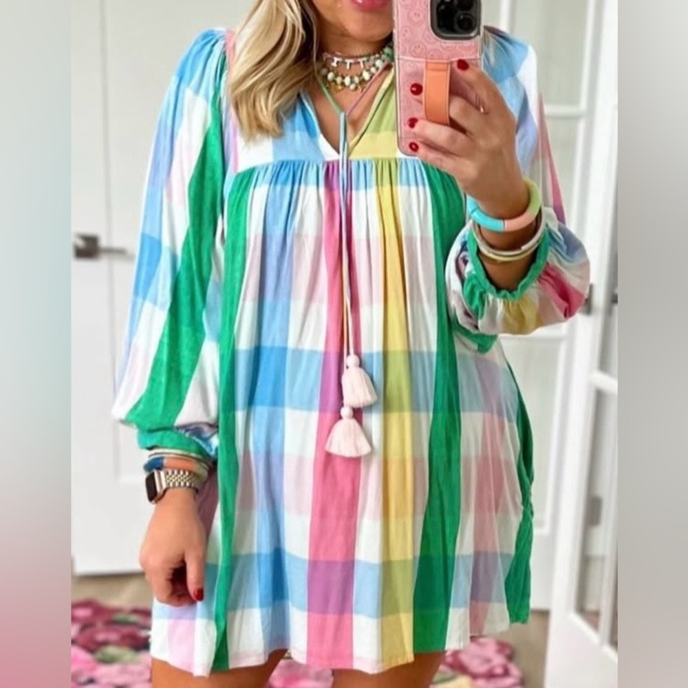 Indigo Soul Pastel Plaid Long Sleeve Dress